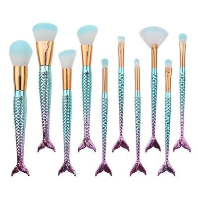 High Quality New Arrival Private Label 10pcs Mermaid Handle Cosmetic Foundation Eyeshadow Makeup Brush Set